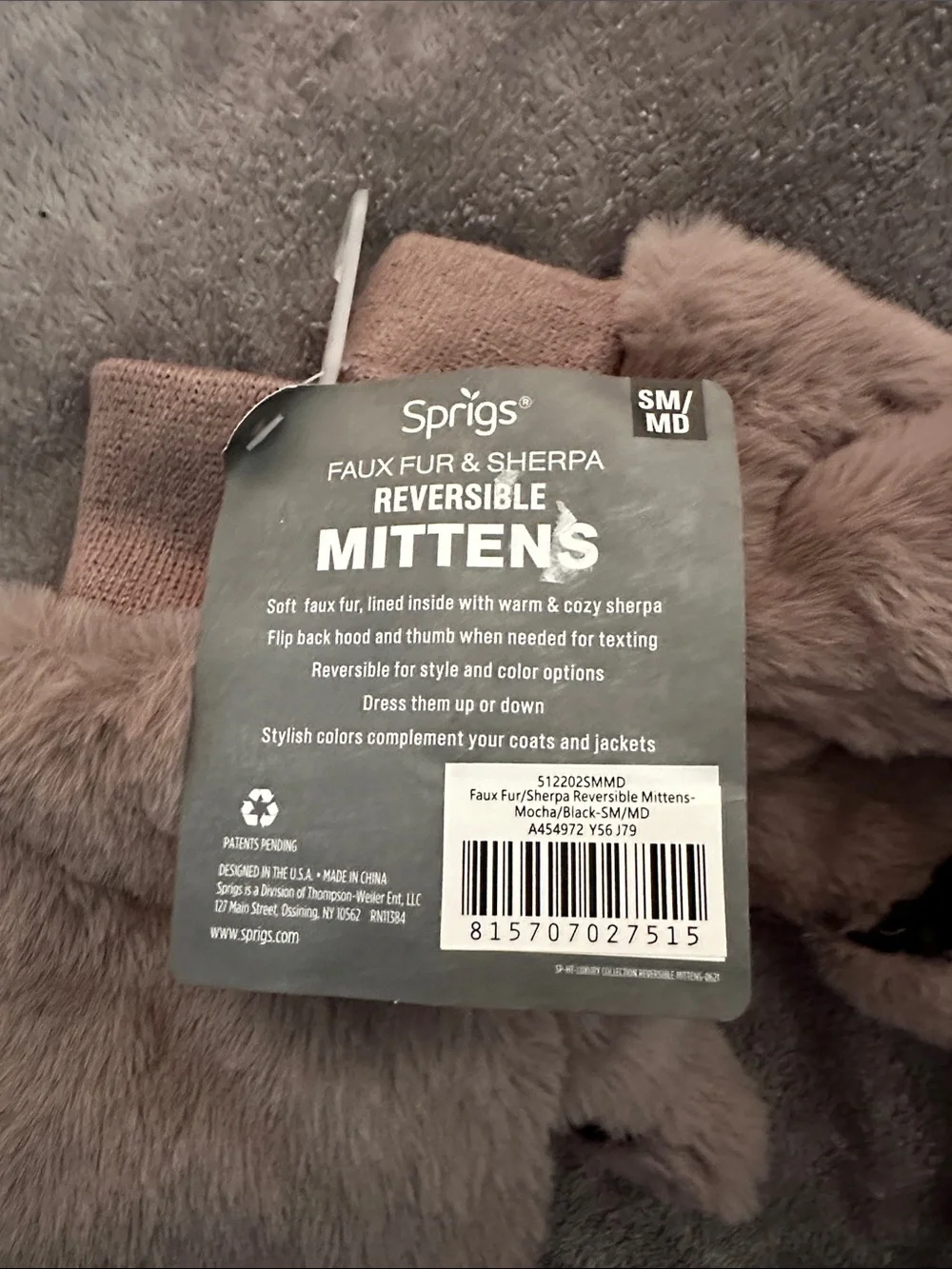 Sprigs Plush Reversible Faux Fur/Sherpa Mittens - Taupe